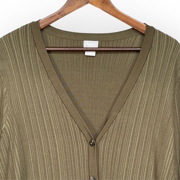 Chico's Flat Back Ribbed Cardigan Sweater Women Size XL Green V Neck Pockets - Picture 7 of 11